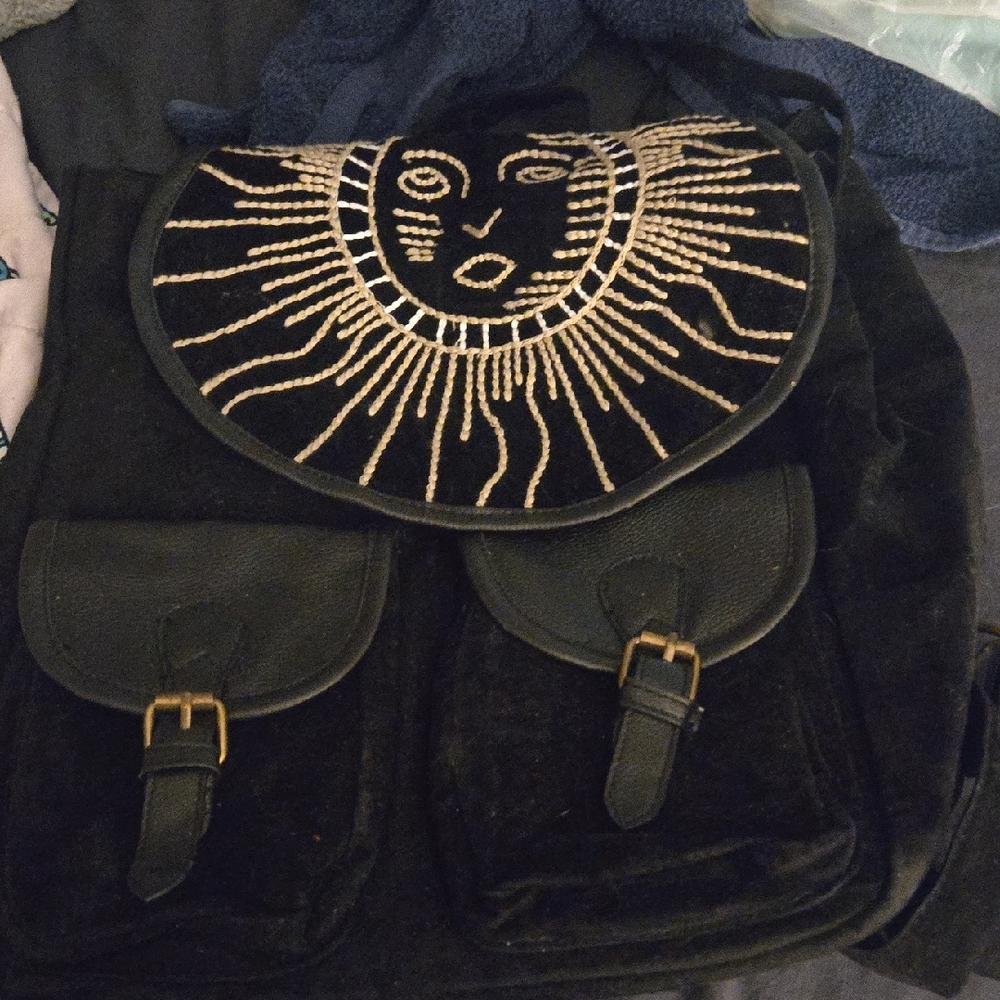 Black and Gold Embroidered Women's Backpack